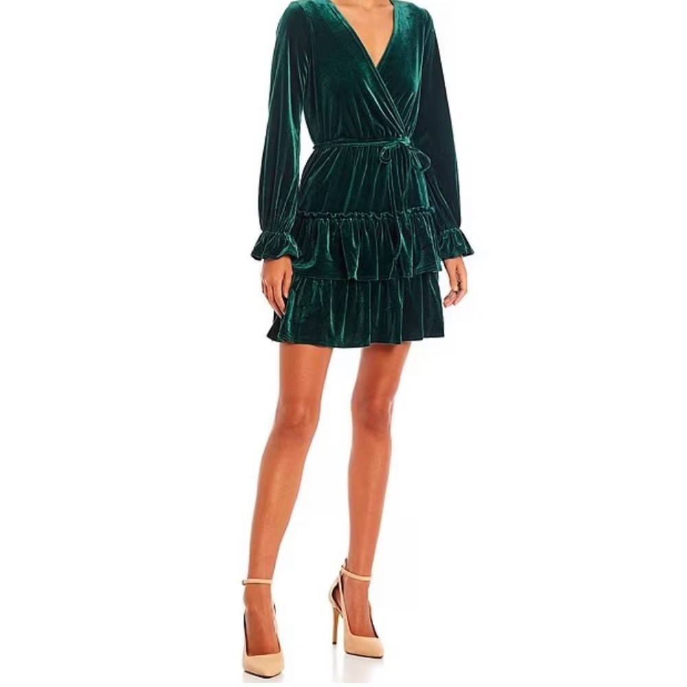 Velvet Faux Wrap Dress in Emerald Green